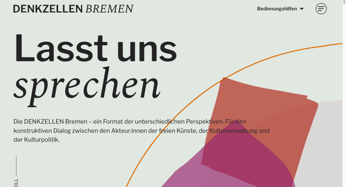 Ein Webseiten-Header auf Deutsch mit den Titeln „denkzellen bremen“ und „lasst uns sprechen“, mit abstrakten grafischen Elementen in Orange und Lila auf mint grünem Hintergrund.