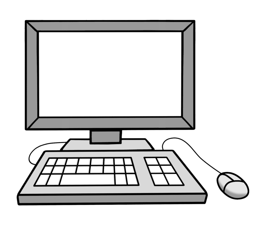 Eine einfache Schwarzweißabbildung eines Desktop-Computers mit einem leeren Bildschirm, einer Tastatur und einer Maus, die auf der rechten Seite angeschlossen sind.