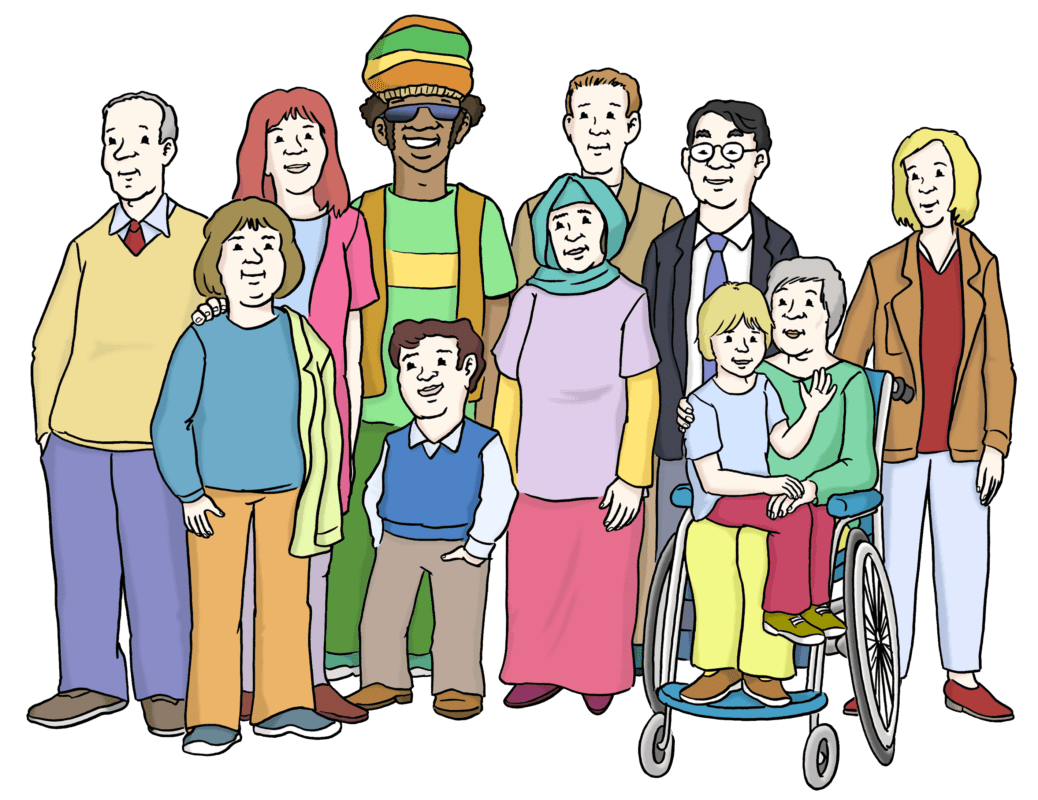 Illustration einer vielfältigen Gruppe von elf Personen, darunter Kinder, Erwachsene und Senioren, mit einer Person im Rollstuhl, mit unterschiedlichen Outfits und Erscheinungsbildern.