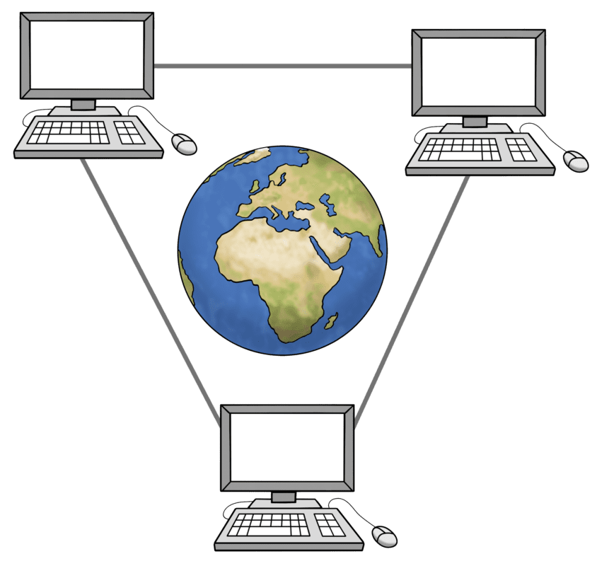 Drei Computer, die durch Linien mit einem zentralen Globus verbunden sind und globale Konnektivität und Netzwerkkommunikation symbolisieren.