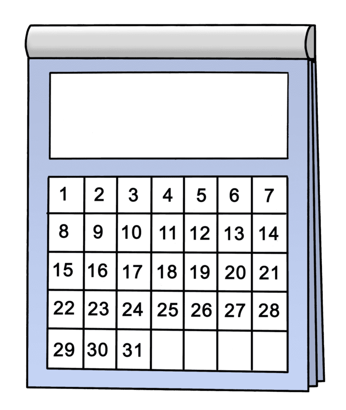 Abbildung eines Wandkalenders, der einen allgemeinen Monat mit 31 Tagen zeigt. Jedes Datum befindet sich in einer eigenen Zelle und die Seite ist in der oberen rechten Ecke eingerollt.