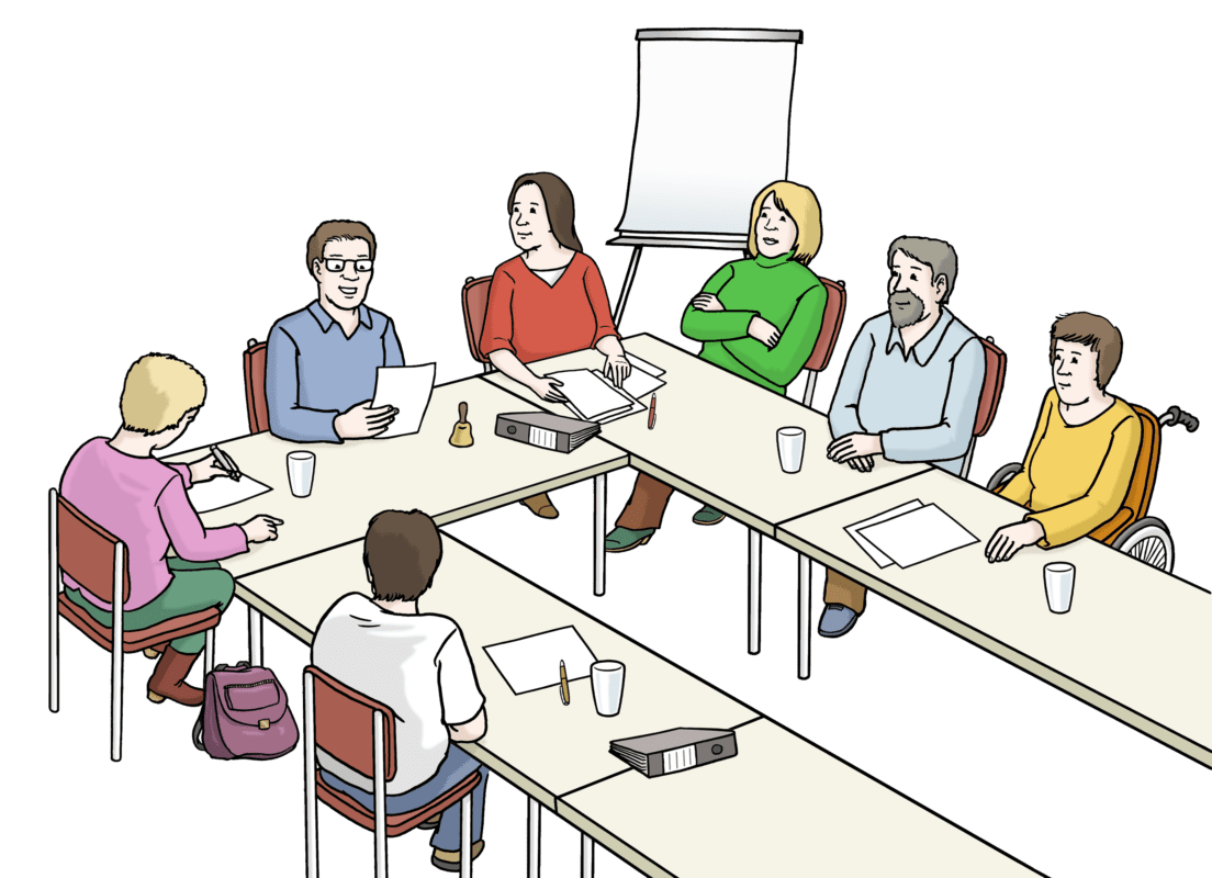 Illustration von sieben unterschiedlichen Personen, die mit Unterlagen um einen Konferenztisch sitzen und an einer Besprechung teilnehmen. Im Hintergrund ist ein Flipchart-Ständer zu sehen.