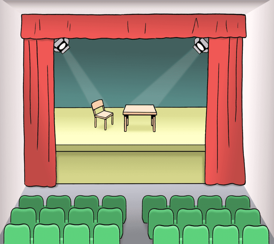 Illustration einer leeren Theaterbühne mit roten Vorhängen, einem einzelnen Stuhl und einem Tisch im Scheinwerferlicht, betrachtet aus der Perspektive grüner Zuschauersitze.